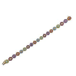 14k Gold Multi Color Gemstone Flower Link Bracelet