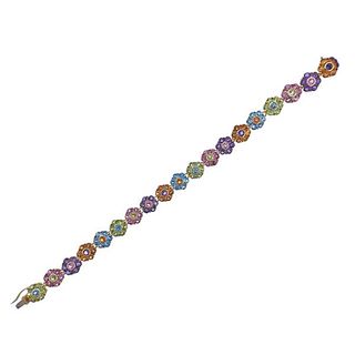 14k Gold Multi Color Gemstone Flower Link Bracelet