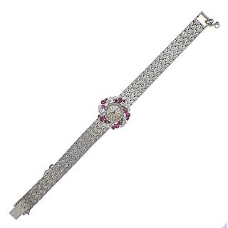1950s Omega 18k Gold Diamond Ruby Dress Watch 