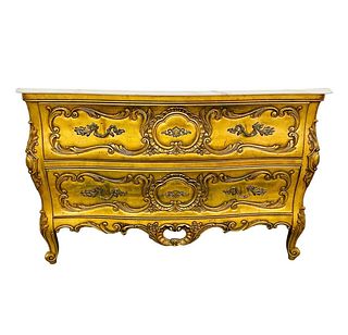 VINTAGE WEIMAN FRENCH GILT CARVED MARBLE TOP COMMODE