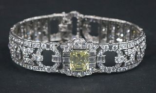 Art Deco Platinum Yellow & White Diamond Bracelet