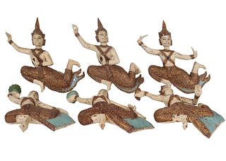 Six Thai Painted Wood Dancing Figures