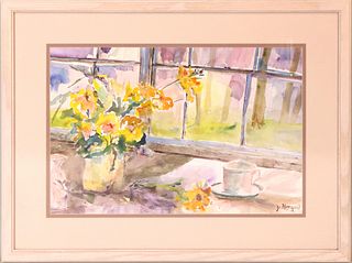 Watercolor, Joan Herzfeld, Yellow Flowers on Sill