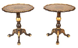 Pair of Black-Lacquer Piecrust Candlestands