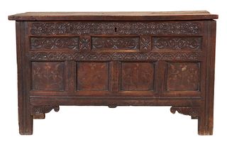 Jacobean Style Carved and Inlaid Oak Coffer