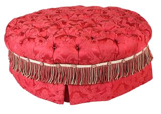 Red Damask Upholstered Circular Ottoman