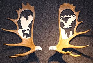 Two Eagle-Decorated Carved Moose Antlers