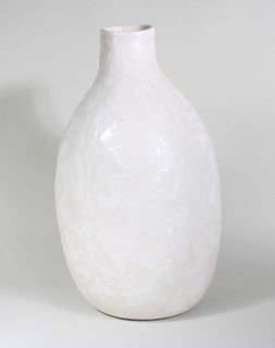 Contemporary White Glazed & Incised Ceramic Vase