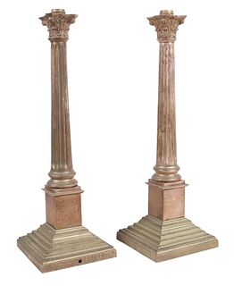 Pair of White Metal Columnar-Form Lamps