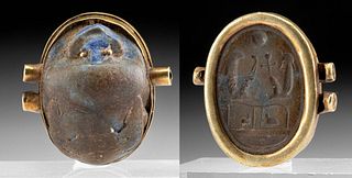 Translated Egyptian Paste Glass Scarab in Gold Setting
