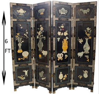 Chinese Black Lacquer Jade Screen Room Divider