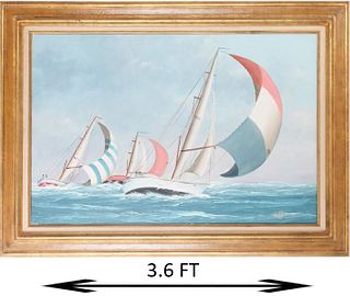 Nautical Oil on Canvas w Sailboats, Signed Hoffman