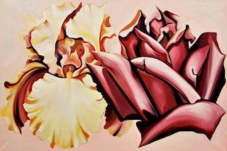 Large Lowell Nesbitt 'Iris & Rose' Painting, Original Work