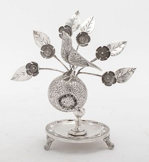 European Silver Flower & Bird Toothpick Holder
