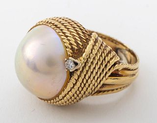 14K Yellow Gold Mabe Pearl Diamond Dome Ring