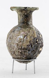 Ancient Sidonian Roman Greenish Cut Glass Bottle