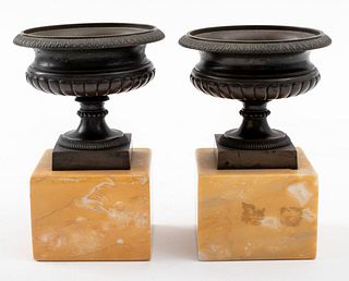 Miniature Bronze Tazzas on Marble Bases, Pair