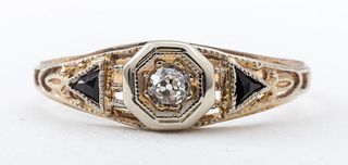 Art Deco 18K White Gold Diamond & Sapphire Ring