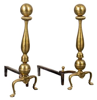 English Chippendale Brass Andirons, Pair