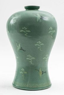 Korean Celadon Porcelain Plum Vase with Cranes