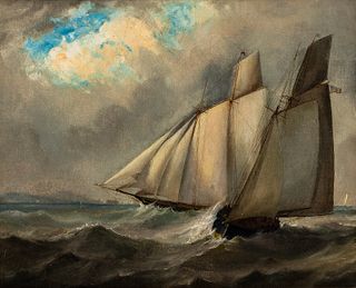 American School, 19th Century, Two Vessels Sailing Before a Storm