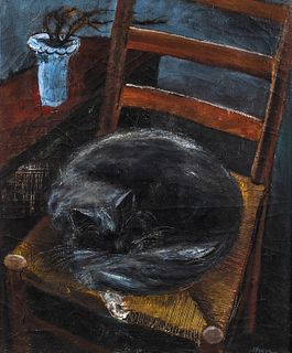 William Thon (American, 1906-2000), Cat Curled Up on a Ladderback Chair