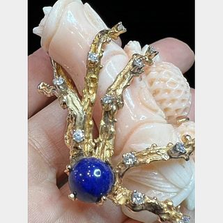 Angelskin Coral and Lapis Lazuli Brooch