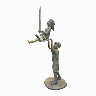Boy Pushing A Girl On A Swing Bronze Sculpture