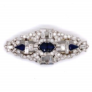 Art Deco Platinum Diamond and Sapphire Brooch
