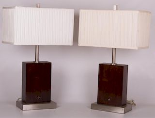 Mid-Century Wood & Chrome Lamps, Pair