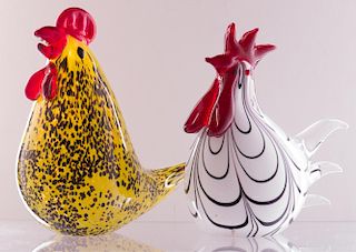 Murano Style Art Glass Roosters, Pair