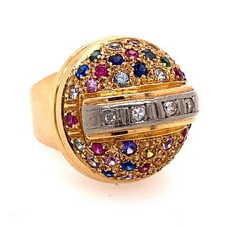 18k French Retro Pave Multi Color Gem Ring