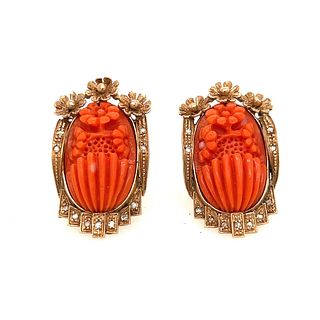 18k Art Nouveau Coral Floral Motif Clip Earrings