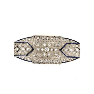 Art Deco Platinum Diamond Sapphire Brooch