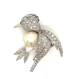 Retro Platinum Pearl Diamond Ruby Sapphire Bird BroochÂ 