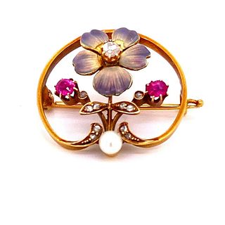 18k Art Nouveau Flower Enamel Brooch