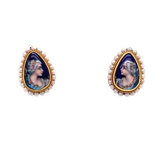 Victorian 14k Painted Women Pearl Earring