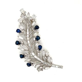 Platinum Art Deco Diamond Sapphire Feather Brooch