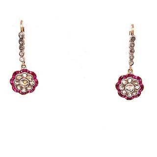 18k Art Deco Diamond Ruby Dangle Earrings