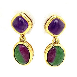 18k Amethyst & Purple Green Agate Earrings
