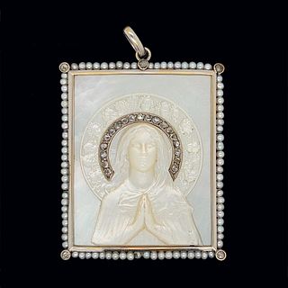 1920' 18k Nacre Pearl Diamond Virgin Mary Brooch