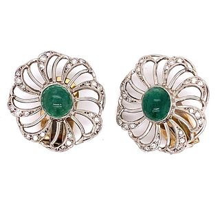 1930â€™s Platinum Diamond Emerald Flower Earrings