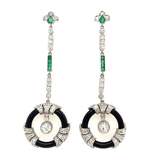 Platinum Emerald Diamond Onyx Long Drop EarringsÂ 