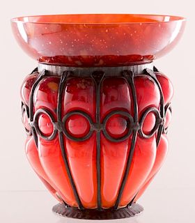 Schneider Art Glass Vase w/ Metal Frame