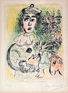 Marc Chagall Lithograph, Clown with Flowers