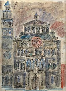 Paul Riba Watercolor, Cathedral and Campanile, Rome