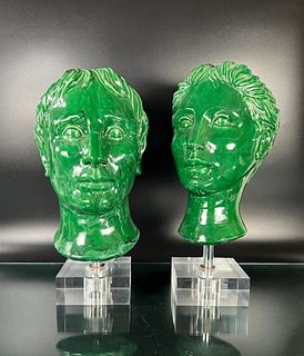 Pair of Italian Green Glazed Pottery Heads