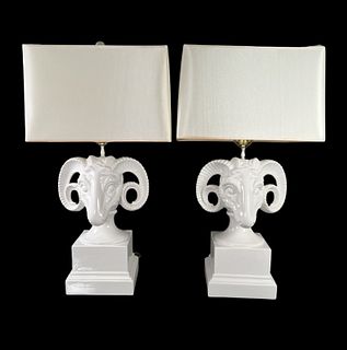 Pair of Ceramic Ram's Heads Table Lamps