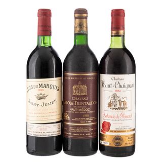 Lote de Vinos Tintos de Francia. Clos du Marquis. Château Haut - Chaigneau. En presentaciones de 750 ml. Total de piezas: 3.