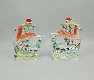Pair of Staffordshire Pottery Deer Spill Vases.